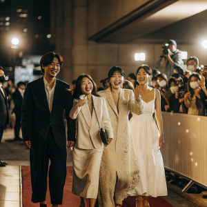 At the JTBC drama 'Be Melodramatic' premiere, Chun Woo-Hee, Jeon Yeo-Been, Han Ji-Eun, Ahn Jae-Hong, and Gong Myung smiling on the red carpet. Crowd visible.