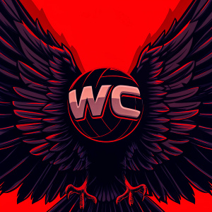 Vector illustration of a stylized Warhawk Volleyball logo. Design features broad wings and initials 'WC' in the center, black and white color scheme.