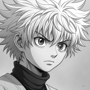 A detailed black and white image of Killua Zoldyck. His messy hair and sharp facial features are clearly depicted.