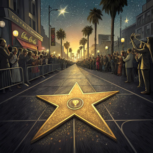 El Cucuy de la Manana's Hollywood Walk of Fame star. Shiny gold plaque on a dark street. Crowded event with many people