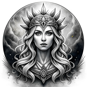 Nordic Godness Snotra - perfect realistic art, high-definition grey and black, white background tattoo design