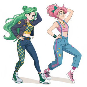 Digital illustration featuring Jolyne and Anna from JoJo's Bizarre Adventure: Stone Ocean. Jolyne with vibrant green hair and stylish outfit, Anna with long pink hair and casual attire. Both in dynamic poses, set against a clean white background.