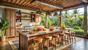 Central kitchen island with bar stools in a Balinese-style kitchen, set for a casual breakfast with coffee cups and tropical fruits.