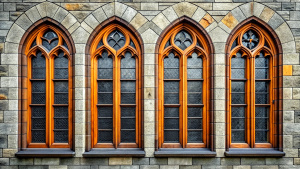 wall hight gothic hight four window glass ,wood wall design - perfect realistic art,wood - high-definition - brown and black wood wall- old stone grey background 