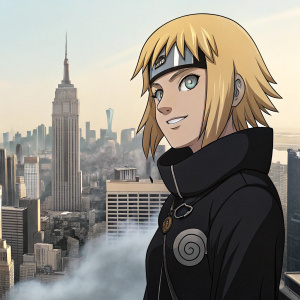 Digital illustration of Hinata Hyuga from Naruto. Blonde hair, confident smirk. Wearing black outfit with emblem. Urban cityscape background.