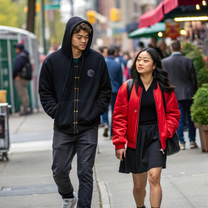 Noah Centineo and Lana Condor, both in casual outfits, walking down a busy city street. Noah wears a black hoodie, Lana a red jacket and black skirt.