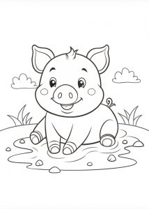 Coloring page, cute cartoon pig rolling in the mud, white background, black line art, no shading, no shadow, no color, no gray