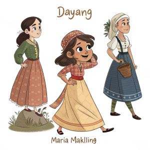 Digital illustration of characters from the folklore story of Maria Makiling, titled 'Dayang', set against a white background. The illustration features detailed lines and shading, with the characters in various poses, in a cartoon style.