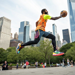 Kyrie Irving showcased in an urban park setting, mid-jump, surrounded by tall city buildings. Promoting Nike Kyrie Five sneakers. Bright, vibrant colors.