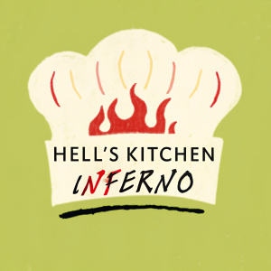 Logo for a gourmet cooking brand named 'Hell's Kitchen Inferno'. It showcases a creative chef's hat adorned with a fiery flame graphic and the words 'Hell's Kitchen Inferno' in a striking font.