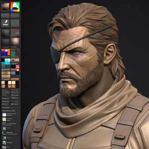 A 3D digital art rendering of the Venom Snake character from the Metal Gear Solid series. The sculpting software interface is visible, showcasing a detailed, realistic face and upper body with color swatches for customization.