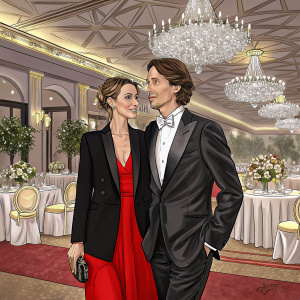 Cristina de Pin and Riccardo Montolivo at the gala dinner. Cristina in a black blazer over a red dress, Riccardo in a tailored black suit. Lavish banquet hall background.