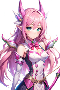 elysia from honkai impact, длинные розовые волосы, фиолетовые глаза, эльфийские уши, держит оружие в виде лука