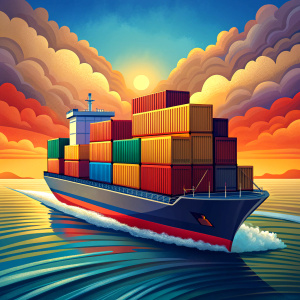 Container ship. Cargo shipping container in sea. Freight ship boat
