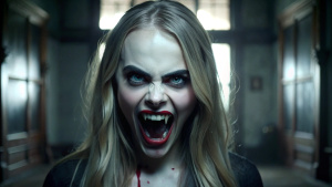 Vampire Cara Delevingne, Vampire teeth, she looks very crazy, extremely creepy, Location Dark Room 