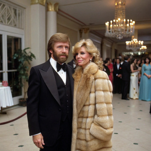 Chuck Norris and Diane Holechek at a charity gala. Chuck in black tuxedo, Diane in fur coat. Color photo, guests from diverse backgrounds, structured building interior.