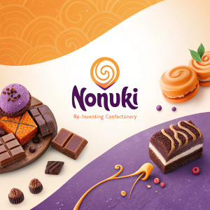 Concept art for NonuKi, a sweet treat brand. Features the logo 'NonuKi' and tagline 're-inventing confectionery'. Design is vibrant with a mix of orange and purple hues, playful yet modern.