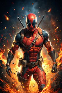 Angry Deadpool in comics style, whole body, ready to fight and in action, charging forward, backlight, broken glass and fire particles with black background, detailed, HDR