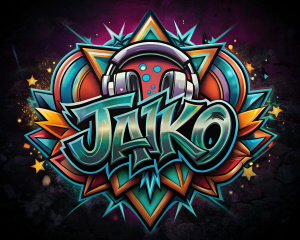 logo en grafiti con el texto que diga dj jaiko con unos audifonos