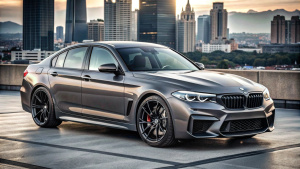 BMW m5 f90 cs with black rims anniversary badge carbon roof with spoiler gray on city background
