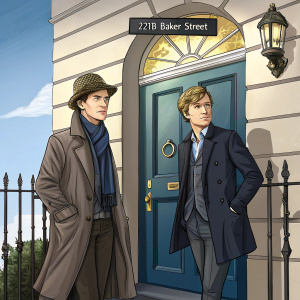 Benedict Cumberbatch and Martin Freeman outside the famous '221B' door, set against a bright, sunny day.