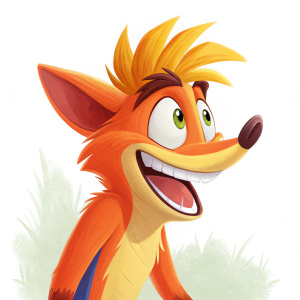 Crash Bandicoot, iconic video game hero, with a radiant grin. Orange and yellow fur, vibrant and cheerful.
