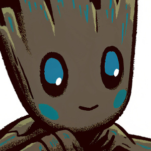 Digital illustration of Baby Groot from Marvel Cinematic Universe. Cartoon-style close-up with plain white background. Brown woody texture and green accents. Friendly yet contemplative expression.