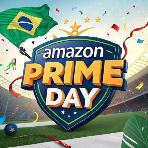 Promotional poster for Amazon Prime Day in Brazil. Features Amazon logo and a Portuguese slogan highlighting big discounts and cashback offers.