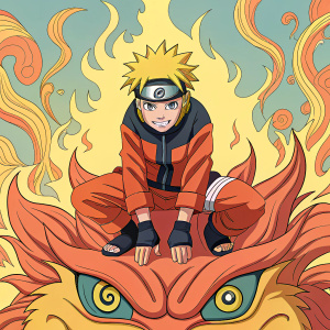 Naruto, intense facial expression, sitting on a fire creature's face. Lively colors, detailed flame patterns. Anime style illustration