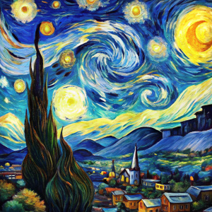 Reinterpretation of the noche estrellada de Van Gogh, como si fuese un anime de studio gibbli