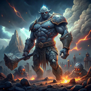 golem gigante de piedra en medio de una batalla, sin armadura, con un martillo de piedra y cadaveres a los lados