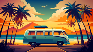 VW van with surf board top view