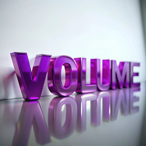 Bubble, puffy, shiny glossy purple 3D font, written word ((volume)) on white background


