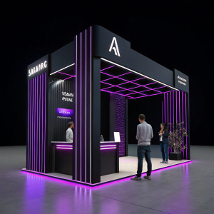 Illustration of a Samsung Galaxy A event booth. Modern design with angular lines and geometric shapes. Black and purple backdrop with soft purple lighting. Scene includes casually dressed people. Minimalist vertical lines in background.
