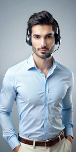 belleza extrema, teleoperador con cascos y micro ,boca cerrada, atractivo joven, guapo y muy natural, vista frontal, primer plano, imagen cercana, gesto agradable, mirada atractiva, ojos claros, vista de cuerpo entero, pelo negro, con pantalon blanco y camisa azul, moderna y elegante, entorno empresarial, primer plano, 4k, diseño, hiper realista
