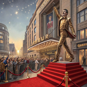 Freddie Mercury's bronze statue, positioned outside the Dominion Theatre in vibrant London. A grand red carpet event, with an enthusiastic crowd gathering around the elevated platform
