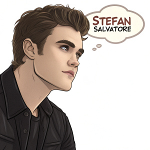 Stefan Salvatore, from 'The Vampire Diaries', in a cartoon version. Wearing a black shirt, with a speech bubble describing his complex journey. Set against a clean, white background.