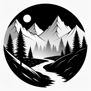 Mountain river and forest landscape scene, silhoutte logo, clean simple lines, black and white