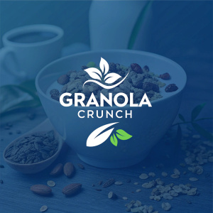 Modern logo design for 'Granola Crunch'. Blue background with white and green elements.