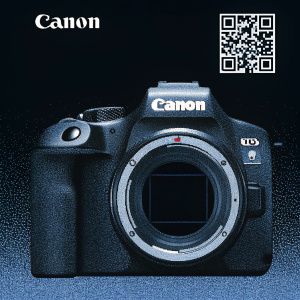 Advertisement for Canon's latest DSLR camera. Sleek design with a large lens. Features include high-resolution sensor, advanced autofocus system, and innovative video capabilities. QR code for additional details.
