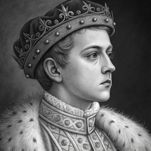 Illustration of Edward VI, King of England and Ireland, in black and white. Serious expression, detailed Tudor attire. Focus on crown textures and contours. Close-up of face and upper torso.