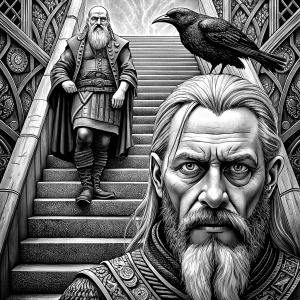 viking and raven in walhalla stairs runen symbols pattern - perfect realistic art, high-definition, high-definition grey and black, white background 