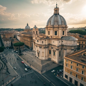 Aerial view of Basilica di Santa Maria Maggiore. Majestic dome and ornate facade overlooking bustling streets of Rome.