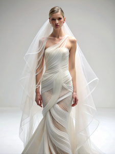 best generation, bridal Danielle Franke 2024, meticulous details, white one sleeve huge irregular layered, futuristic, veil, (full body length), white background