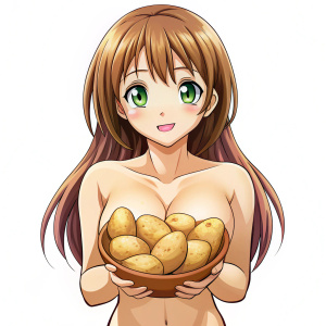 Crea a una mujer anime desnuda cuerpo completo agarrando papas