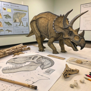 Detallado dibujo de un Triceratops junto a restos óseos de otro dinosaurio. Ambiente educativo y detallado.