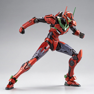 Revoltech Evangelion model, intricate mechanical design, dynamic action pose, detailed colors and parts.