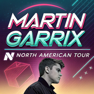 Promotional flyer for Martin Garrix's North American Tour. Modern design with neon colors. QR code linking to exclusive content on his website