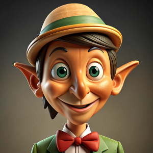 Generate me a pinocchio style cartoon with a long nose, ultra realistic, cinematic