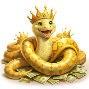 A small golden smiling snake with a crown on its head.It's lying on a chest with paper dollars.without background